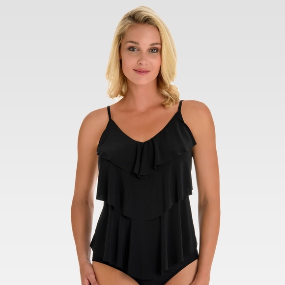 Aqua Green Tiered Tankini Top Black New - Picture 1 of 8